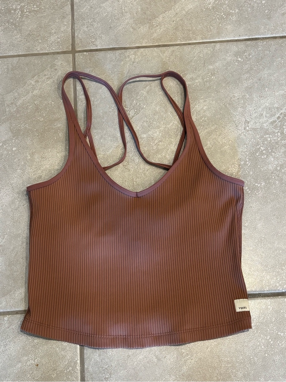 Vuori Rib Crop Tank Light Cinnamon Strappy Built In Bra M